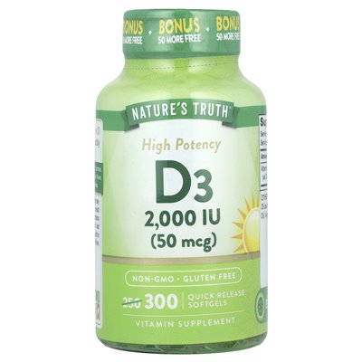 Nature's Truth, witamina D3, wysoka moc, 50 mcg (2000 IU), 300 Softgels Szybkie wydanie