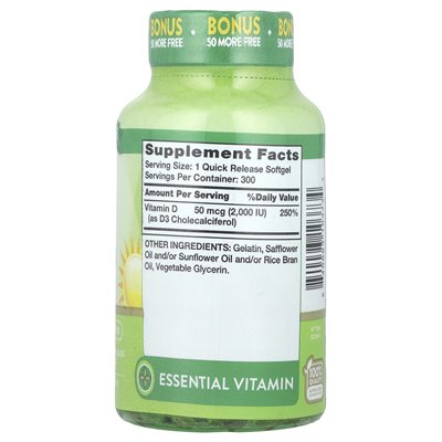 Nature's Truth, witamina D3, wysoka moc, 50 mcg (2000 IU), 300 Softgels Szybkie wydanie