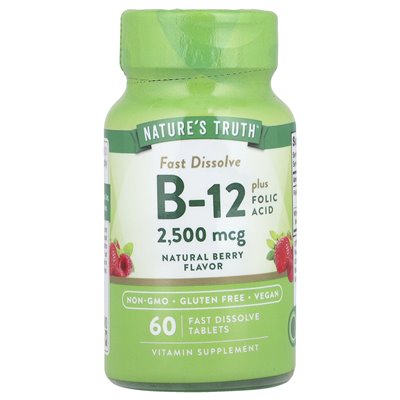 Nature's Truth, Witamina B-12 plus kwas foliowy, Berry Natural, 2500 mcg, 60 szybkich tabletek rozpuszczonych Nature's Truth, Witamina B-12 plus kwas foliowy, Berry Natural, 2500 mcg, 60 szybkich tabletek rozpuszczonych
