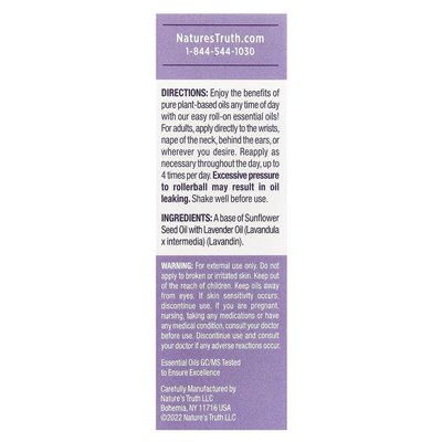 Nature's Truth, Olejki eteryczne, na Go Roll-On, odmłodzenie lawendy, 0,33 fl oz (10 ml)