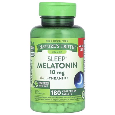 Nature's Truth, Sleep Melatonin Plus L-Thanine, 10 mg, 180 wegetariańskich tabletek