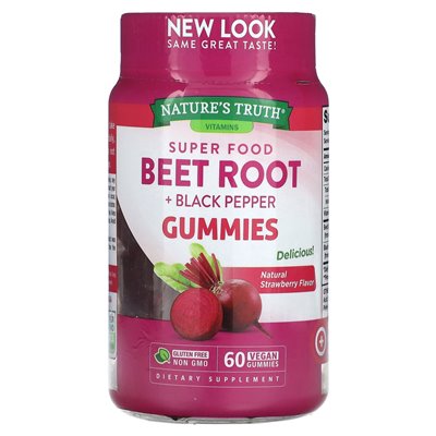 Nature's Truth, Super Food Beet Root + czarny pieprz, naturalna truskawka, 60 wegańskich żelków
