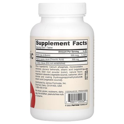 Jarrow Formulas, Alfa Liponowa Sustain z Biotyną, 120 Tabletek