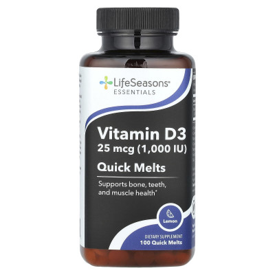 Lifeseason, Essentials, Vitamin D3, Lemon, 25 mcg (1000 IU), 100 szybkich stopów