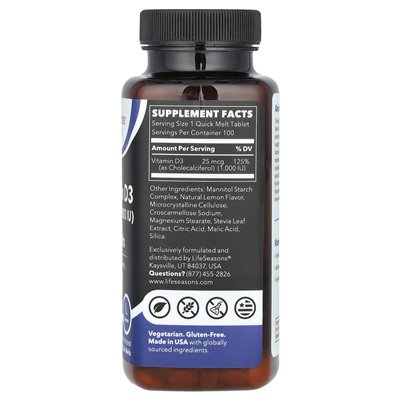 Lifeseason, Essentials, Vitamin D3, Lemon, 25 mcg (1000 IU), 100 szybkich stopów