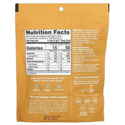 Four Sigmatic, Think Organic Creamer, Dairy Free, Vanilla Coconut, 4.23 oz (120 g)
