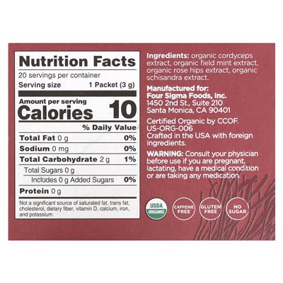 Four Sigma, Supercharge, Organic Cordyceps Mushroom & Schisandra Elixir Blend, 20 Packets, 0.1 Ounce (3