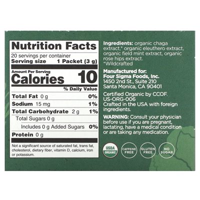 Four Sigma Protection Organic Chaga Mushroom & Eleuthero Elixir Blend, 20 Packets, 0.1 oz (3 g) Each
