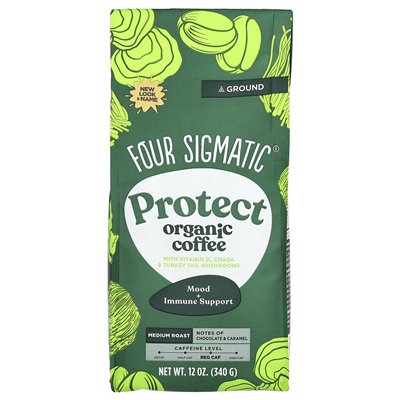 Four Sigma Protective Organic Coffee with Vitamin D, Chaga and Turkey Tail Mushrooms, Ground, Medium Roast, 12 Ounces (