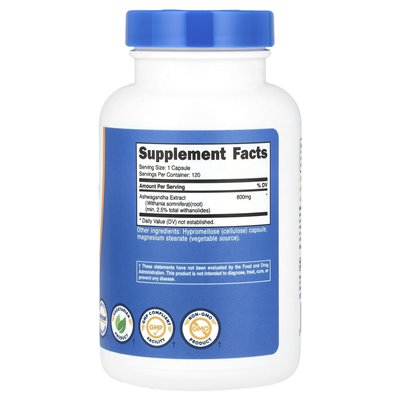 Nutricost, ekstrakt z korzenia Ashwagandha, 600 mg, 120 kapsułek