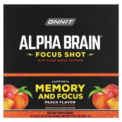 Onnit, Alpha Brain Focus, Peach, 6 butelek, 2,5 fl oz (75 ml)