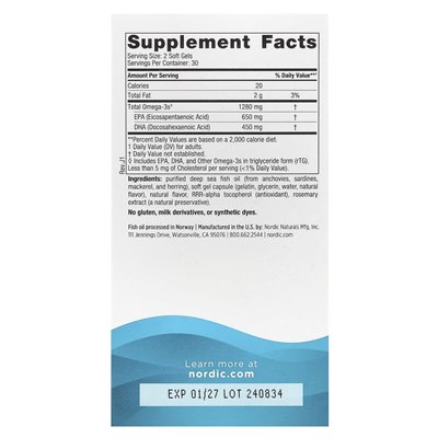 Nordic Naturals, Ultimate Omega, cytryna, 1280 mg, 60 miękkich żeli (640 mg na miękki żel)