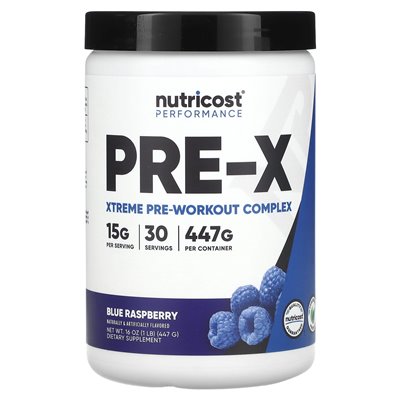 Nutricost, Performance, Pre-X, Xtreme Pre-Tracout Complex, Blue Raspberry, 1 funt (447 g)