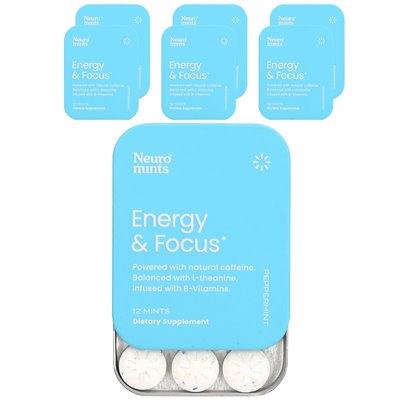Neurogum, Neuromints, Energy &amp Focus, Peppermint, 6 opakowań, 12 sztuk każdy