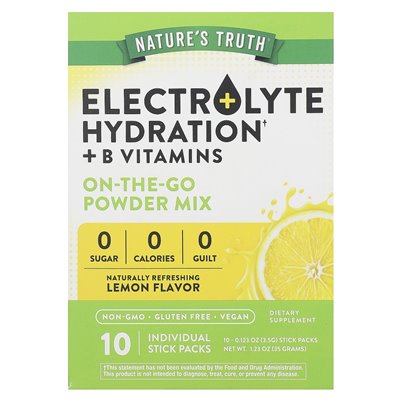 Nature's Truth, Electrolyt Hydration + witaminy B, w proszku w proszku, cytryna, 10 pojedynczych opakowań sztyfierowych 0,123 un