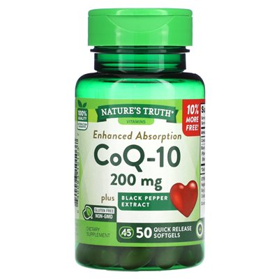 Nature's Truth, COQ-10 plus ekstrakt z czarnego pieprzu, Enhanced Absorption, 200 mg, 50 softgels szybkiego uwalniania