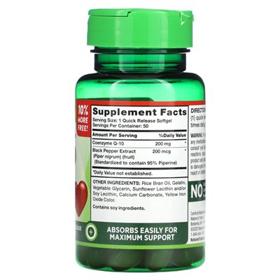 Nature's Truth, COQ-10 plus ekstrakt z czarnego pieprzu, Enhanced Absorption, 200 mg, 50 softgels szybkiego uwalniania