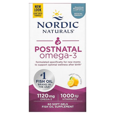 Nordic Naturals, poporodowa omega-3, cytryna, 1120 mg, 60 miękkich żeli (560 mg na miękki żel)