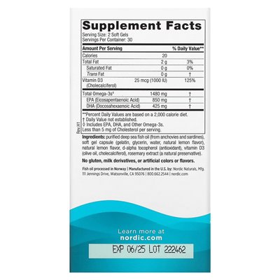 Nordic Naturals, Ultimate Omega Xtra, cytryna, 1480 mg, 60 miękkich żeli (740 mg na miękki żel)