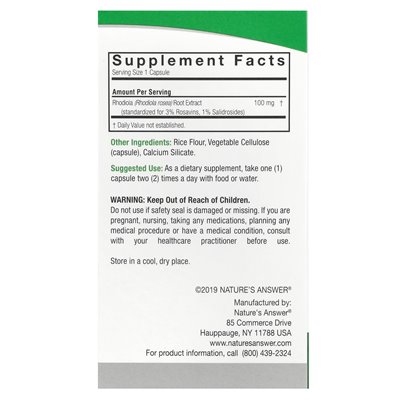 Nature's Answer, Rodiola, 100 mg, 60 Wegetariańskich Kapsułek