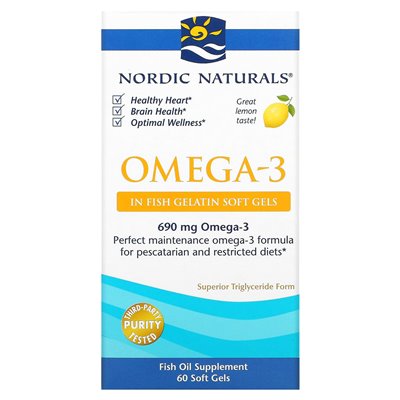 Nordic Naturals, omega-3, cytryna, 690 mg, 60 żelów żelatyny rybnej (345 mg na żel)