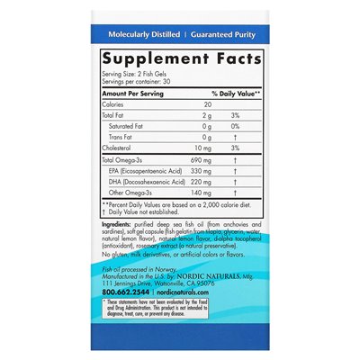 Nordic Naturals, omega-3, cytryna, 690 mg, 60 żelów żelatyny rybnej (345 mg na żel)
