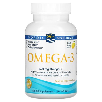 Nordic Naturals, omega-3, cytryna, 690 mg, 60 żelów żelatyny rybnej (345 mg na żel)