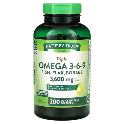 Nature's Truth, Vitamins, Triple Omega 3-6-9, Fish, Len, Borage, 3600 mg, 200 Softgels szybkiego uwalniania (1200 mg na miękką) Nature's Truth, Vitamins, Triple Omega 3-6-9, Fish, Len, Borage, 3600 mg, 200 Softgels szybkiego uwalniania (1200 mg na miękką)