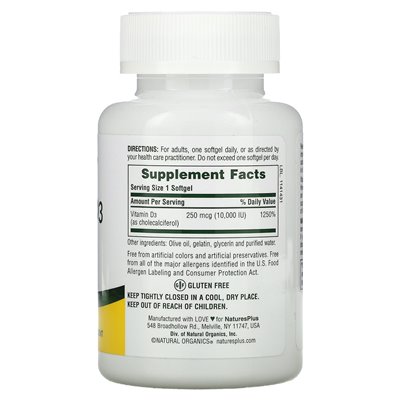 NaturesPlus, Witamina D3, 10,000 j.m (250 mcg), 60 Softgeli NaturesPlus, Witamina D3, 10,000 j.m (250 mcg), 60 Softgeli