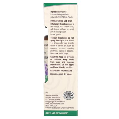 Nature's Answer, 100% Pure Organic Essential Oil, Lavender, 0.5 fl oz (15 ml) Nature's Answer, 100% Pure Organic Essential Oil, Lavender, 0.5 fl oz (15 ml)