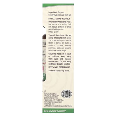 Odpowiedź natury, 100% czysty organiczny olejek eteryczny, eukaliptus, 0,5 fl oz (15 ml)