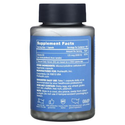 ProHealth Longgevity, D3, 125 MCG (5000 IE), 100 Kapseln