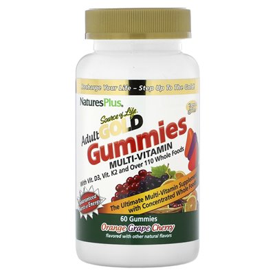 Naturesplus, źródło życia, dorosłe złote gummy multi-witaminowe, pomarańczowe wiśni winogronowe, 60 gumzy