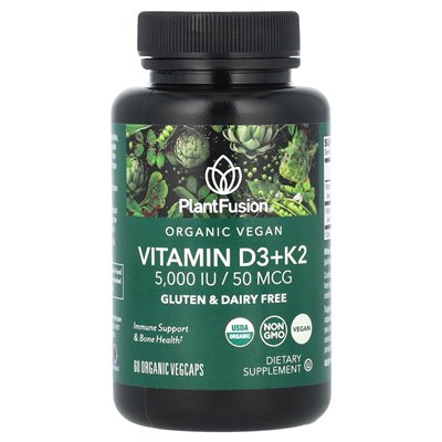 Plantfusion, ekologiczna witamina wegańska D3+ K2, 5000 IU/50 mcg, 60 organicznych warzyw Vegcaps