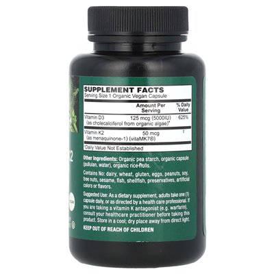 Plantfusion, ekologiczna witamina wegańska D3+ K2, 5000 IU/50 mcg, 60 organicznych warzyw Vegcaps