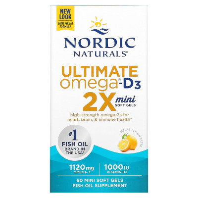 Nordic Naturals, Ultimate Omega 2x z witaminą D3, cytryną, 60 mini żelów miękkich