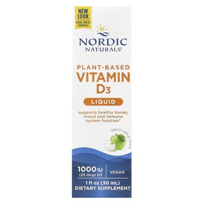 Nordic Naturals, płyn witaminy D3 na bazie roślin, Great Apple, 25 mcg (1000 IU), 1 Fl Oz (30 ml)