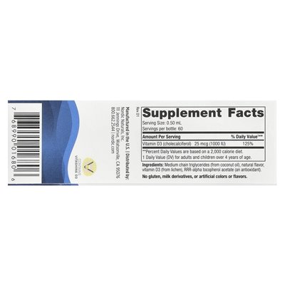 Nordic Naturals, płyn witaminy D3 na bazie roślin, Great Apple, 25 mcg (1000 IU), 1 Fl Oz (30 ml)