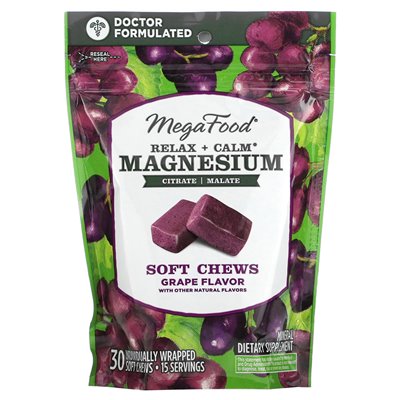 Megafood, Relax + Calm Soft Chews Magnesium, Grapes, 30 Individually Wrapped Soft Chews