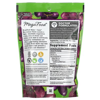 Megafood, relaks + spokojne miękkie żucie magnezu, winogrona, 30 indywidualnie owinięte miękkie żucia