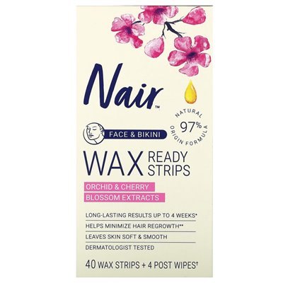 Nair, paski gotowe do wosku, twarz i bikini, ekstrakty z kwiatów orchidei i wiśni, 40 pasków woskowych + 4 po chusteczkach