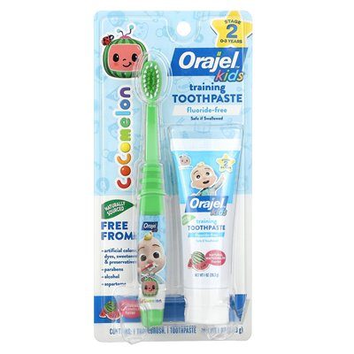 Orajel, Kids, Cocomelon Training Toothpaste with Toothbrush, Fluoride-Free, 0-3 Years, Watermelon, 2 Piece Set, 1 oz (28.3 g) Orajel, Kids, Cocomelon Training Toothpaste with Toothbrush, Fluoride-Free, 0-3 Years, Watermelon, 2 Piece Set, 1 oz (28.3 g)
