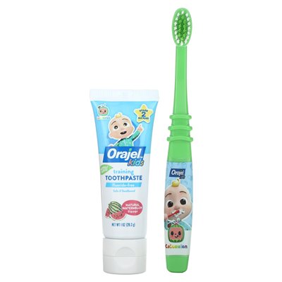 Orajel, Kids, Cocomelon Training Toothpaste with Toothbrush, Fluoride-Free, 0-3 Years, Watermelon, 2 Piece Set, 1 oz (28.3 g) Orajel, Kids, Cocomelon Training Toothpaste with Toothbrush, Fluoride-Free, 0-3 Years, Watermelon, 2 Piece Set, 1 oz (28.3 g)