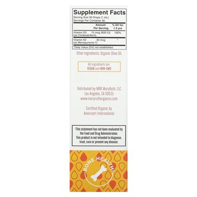 Maryruth's, Organiczna witamina maluch D3 + K2 krople płynne, 1-3 lata, niezmożone, 1 fl oz (30 ml)
