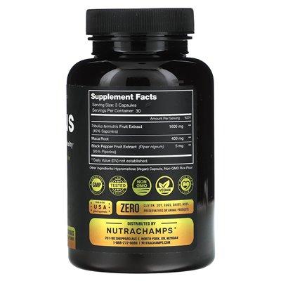 Nutrachamps, Tribulus, dodatkowa siła, 2000 mg, 90 kapsułek warzywnych (666 mg na kapsułkę)