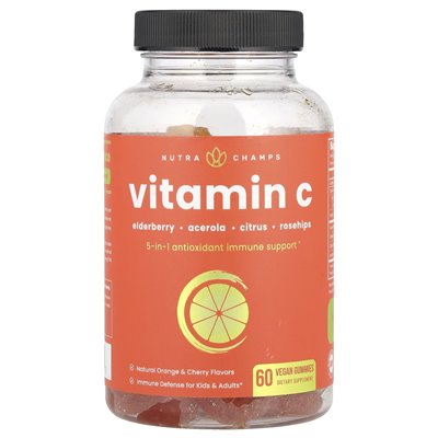 Nutrachamp, witamina C, Natural Orange &amp Cherry, 60 wegańskich gumzy