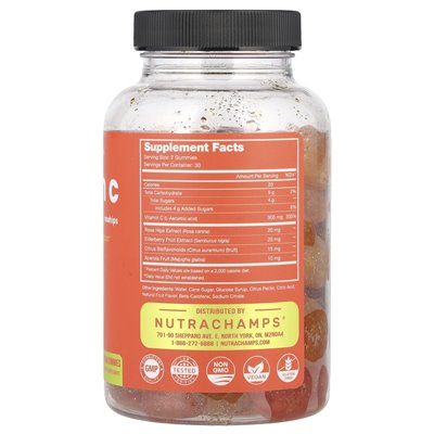 Nutrachamp, witamina C, Natural Orange &amp Cherry, 60 wegańskich gumzy