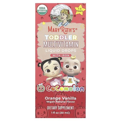 Maryruth's, Cocomelon, Toddler Multiwitamin, płynne krople z żelazem, 1 - 3 lata, pomarańczowa wanilia, 1 fl oz (30 ml)