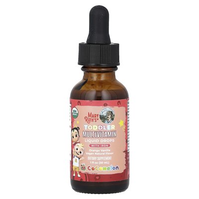 Maryruth's, Cocomelon, Toddler Multiwitamin, płynne krople z żelazem, 1 - 3 lata, pomarańczowa wanilia, 1 fl oz (30 ml)