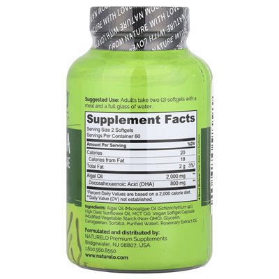 Naturelo, vegan DHA, omega-3 from algae, 800 mg, 120 vegan soft (400 mg per soft)